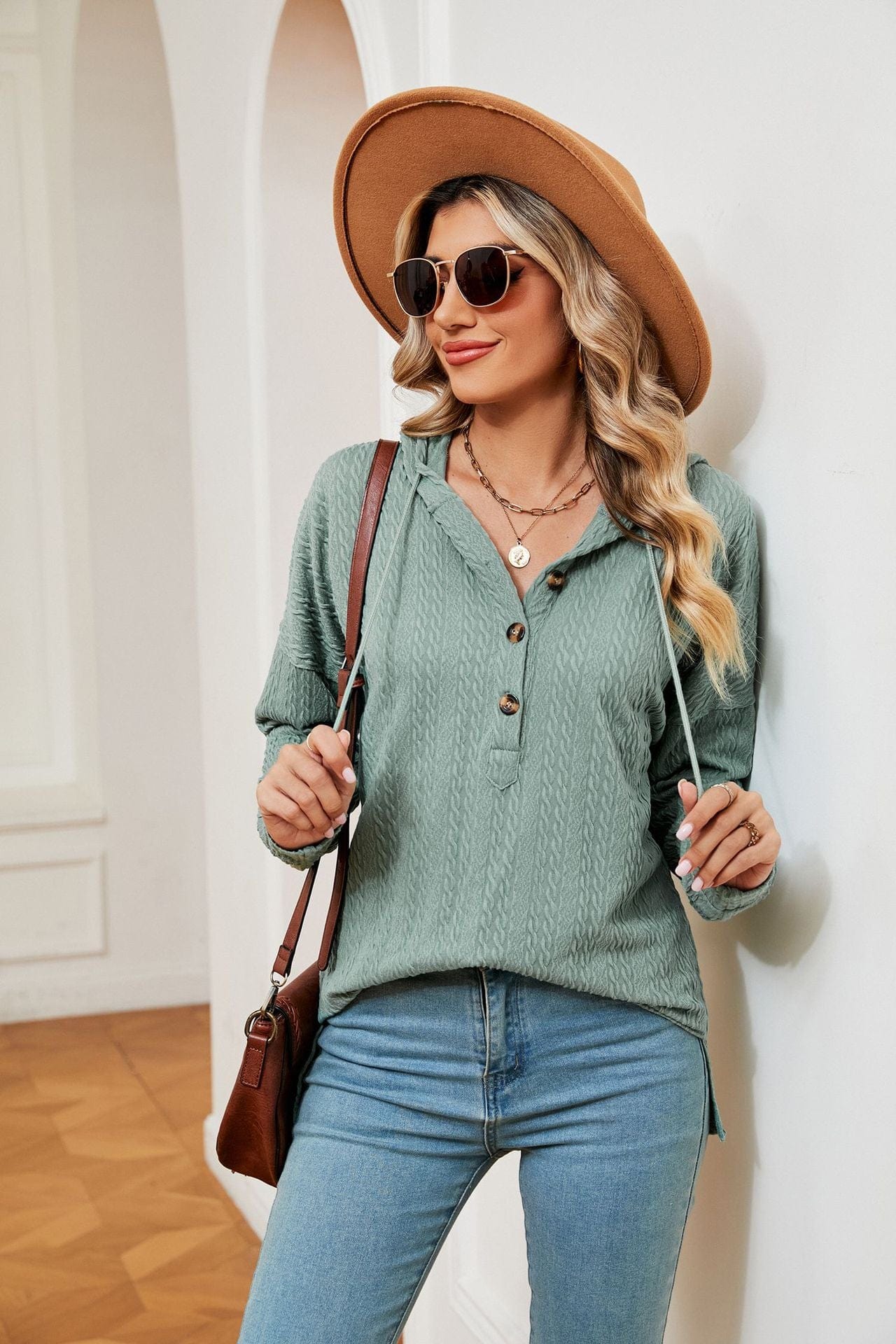 Hooded drawstring buttoned long-sleeved loose sweatshirt jacket