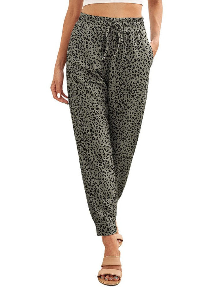 Women's High-Waisted Leopard Print Casual Pants with Elasticated Ankles