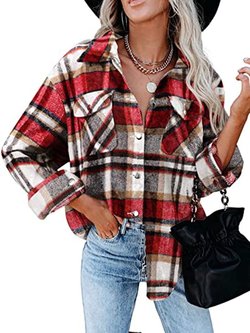 Plaid long-sleeve loose-pocket single-breasted wool coat