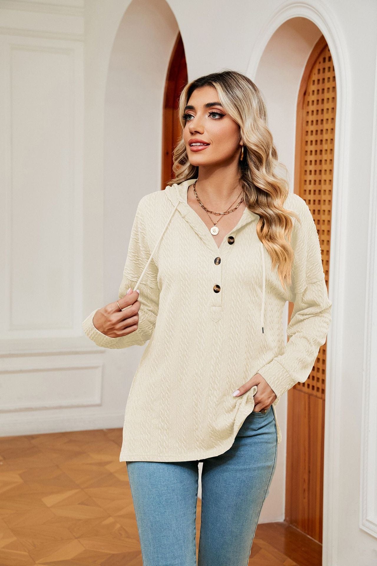 Hooded drawstring buttoned long-sleeved loose sweatshirt jacket