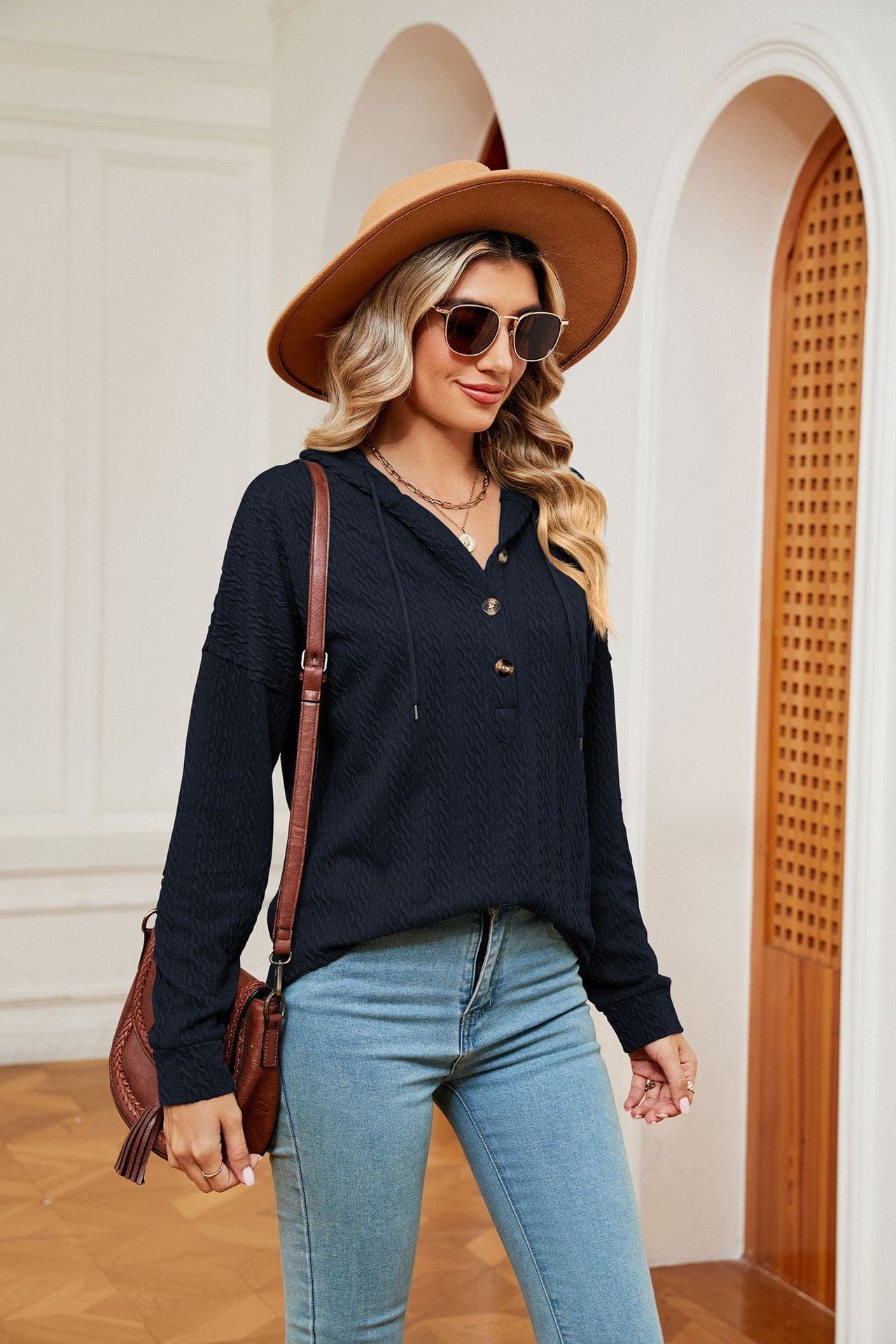 Hooded drawstring buttoned long-sleeved loose sweatshirt jacket