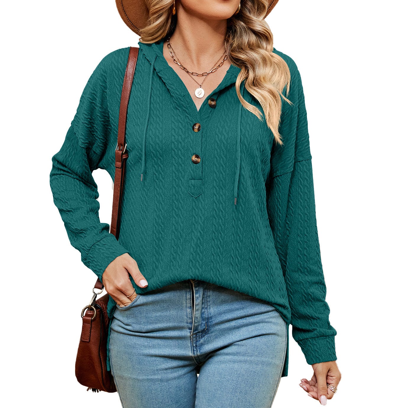 Hooded drawstring buttoned long-sleeved loose sweatshirt jacket