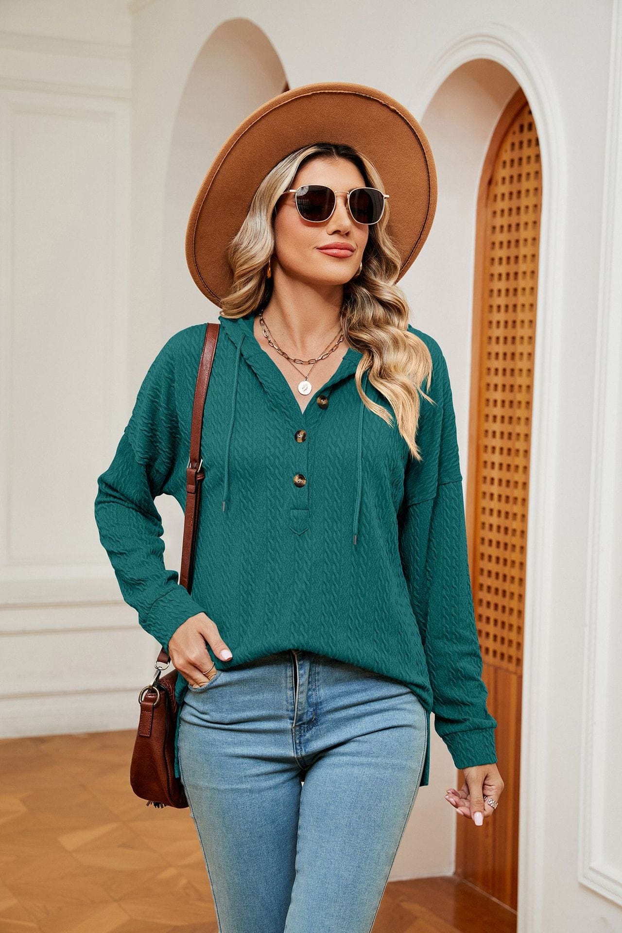 Hooded drawstring buttoned long-sleeved loose sweatshirt jacket