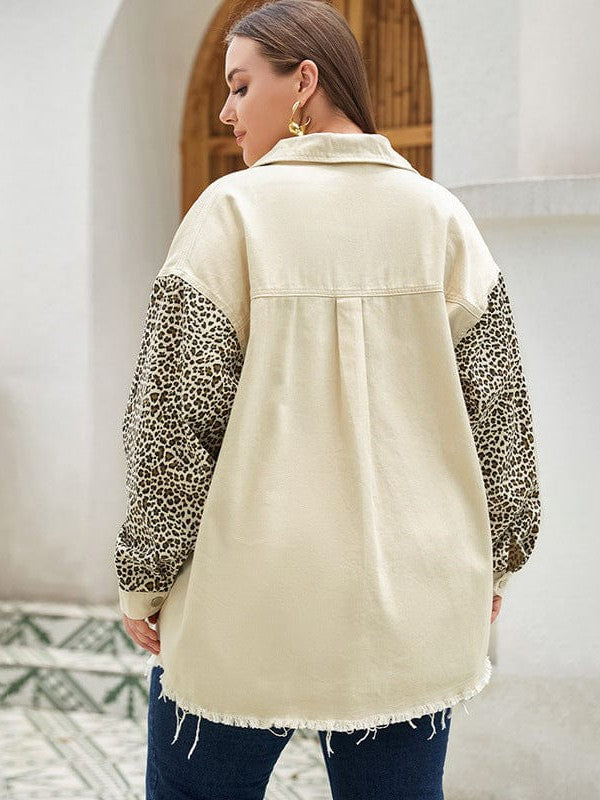 Leopard Print Spliced Denim Jacket for Stylish Plus Size Women
