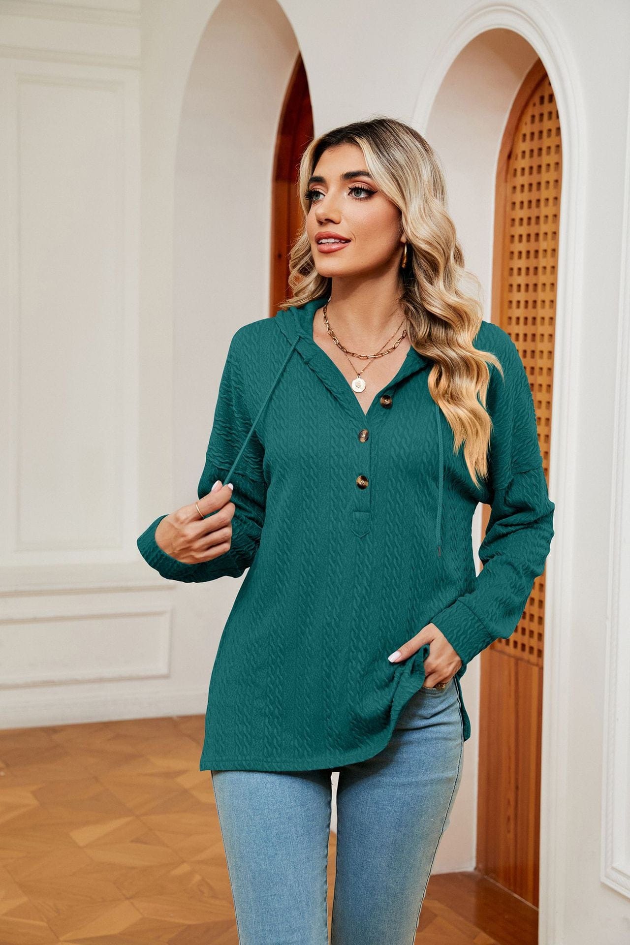 Hooded drawstring buttoned long-sleeved loose sweatshirt jacket