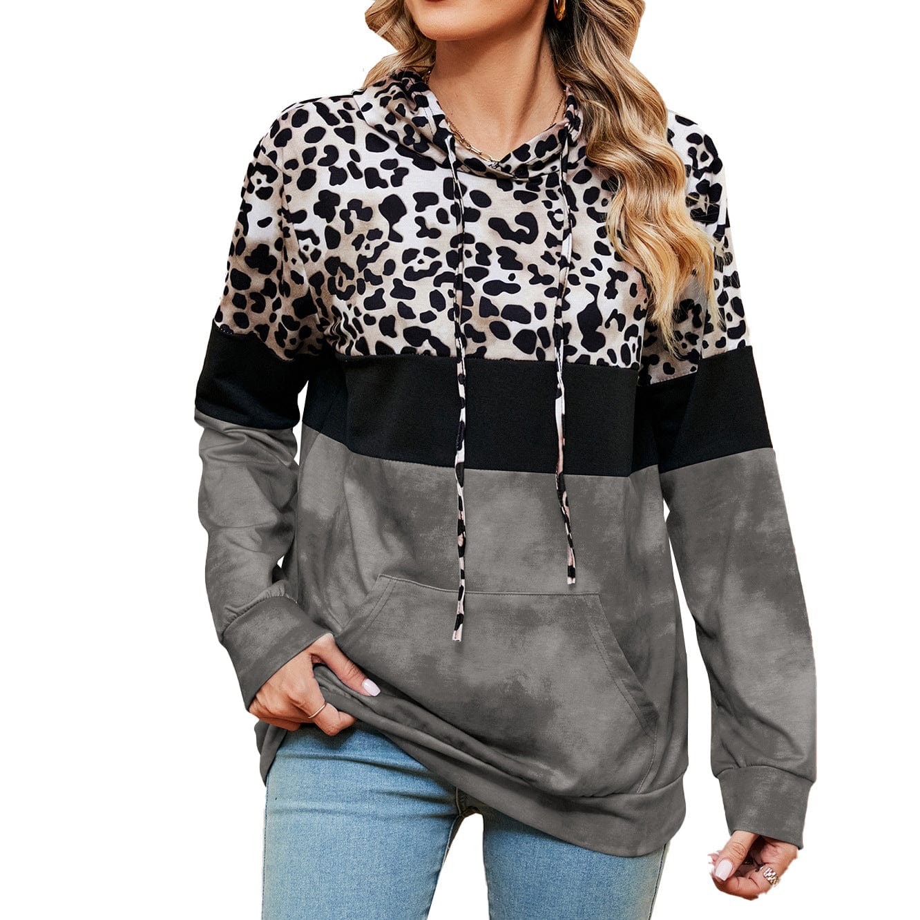 Hooded patchwork printed long-sleeved loose sweatshirt