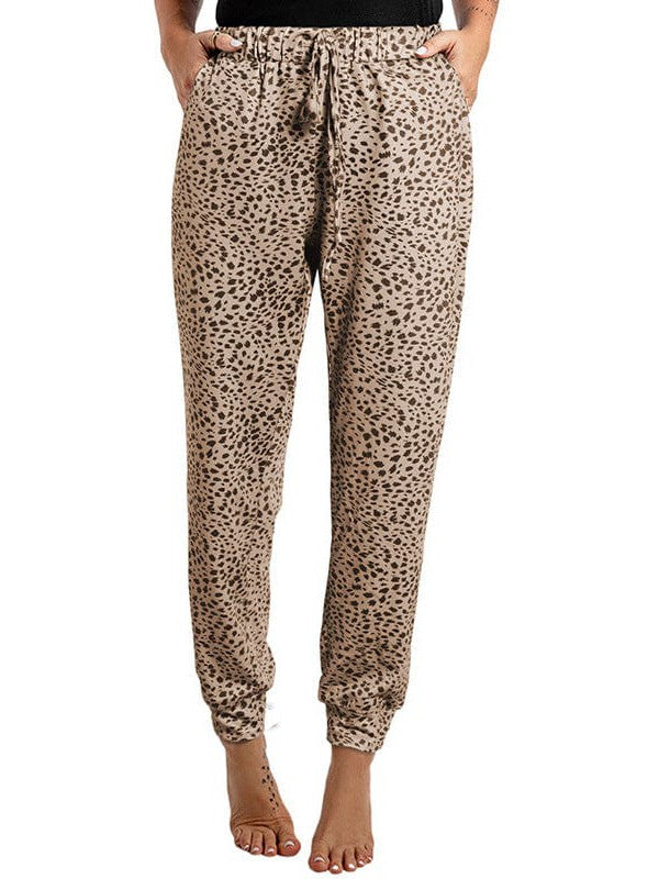 Women's High-Waisted Leopard Print Casual Pants with Elasticated Ankles