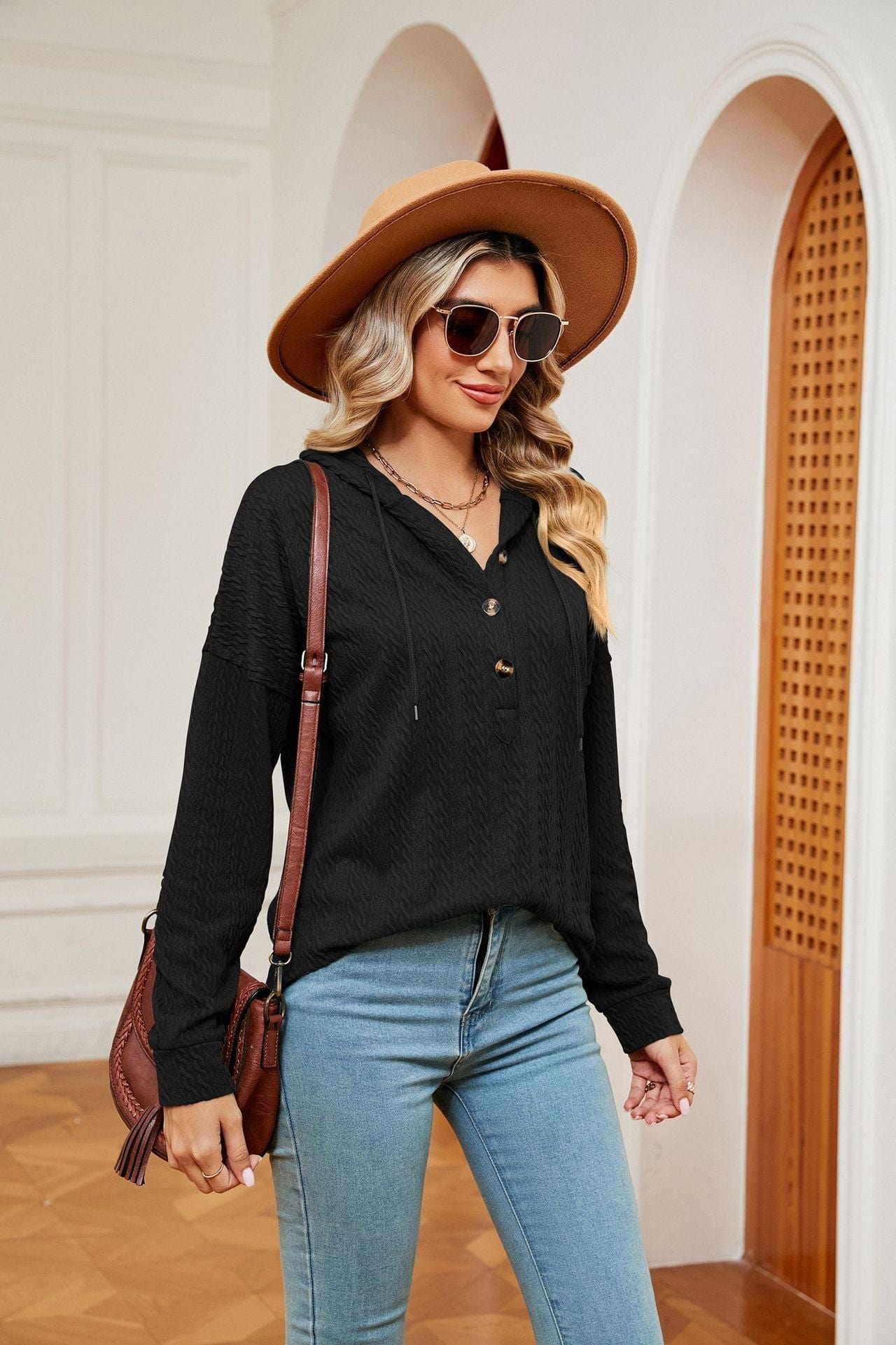 Hooded drawstring buttoned long-sleeved loose sweatshirt jacket