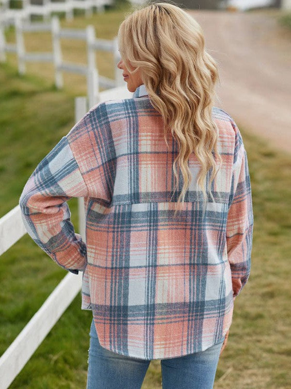 Plaid Lapel Coat Loose Shirt for Women with Lazy Style Long Sleeve Top