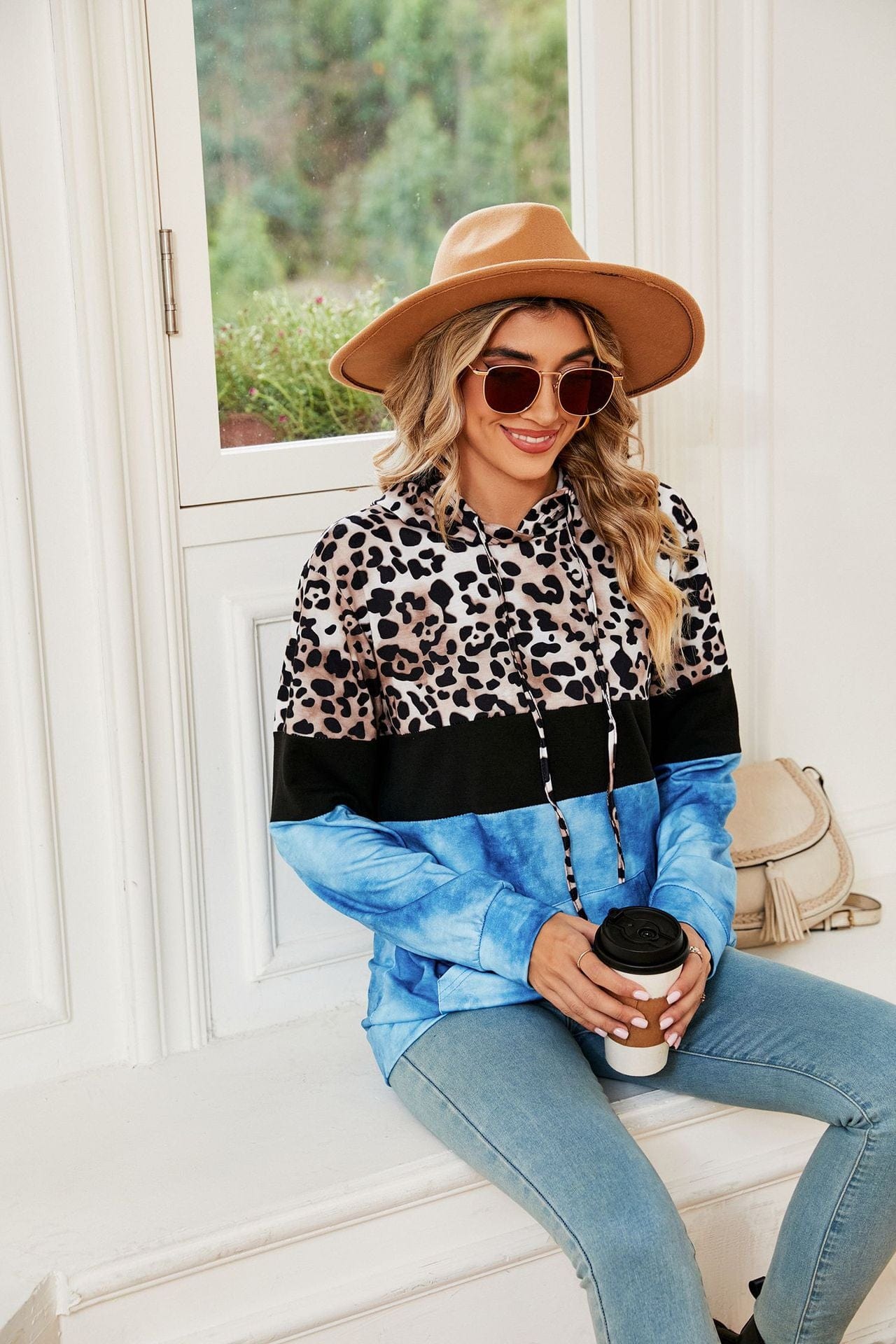 Hooded patchwork printed long-sleeved loose sweatshirt