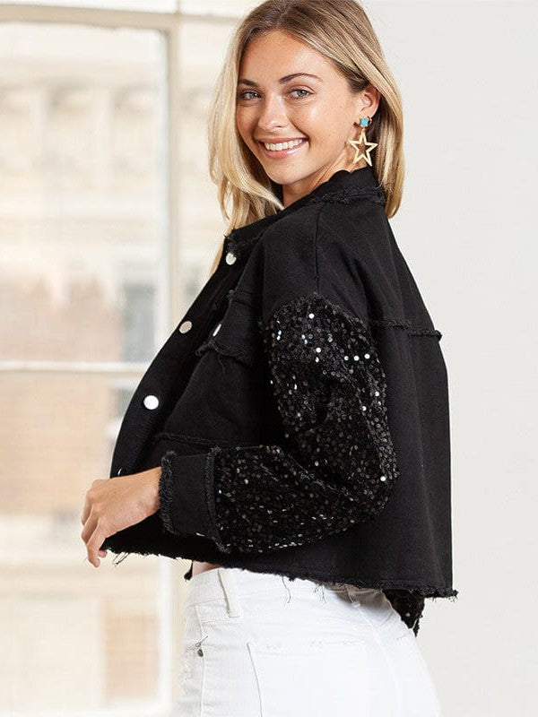 Women's Street Denim Sequined Jacket with Personalized Long Sleeves and Versatile Fit