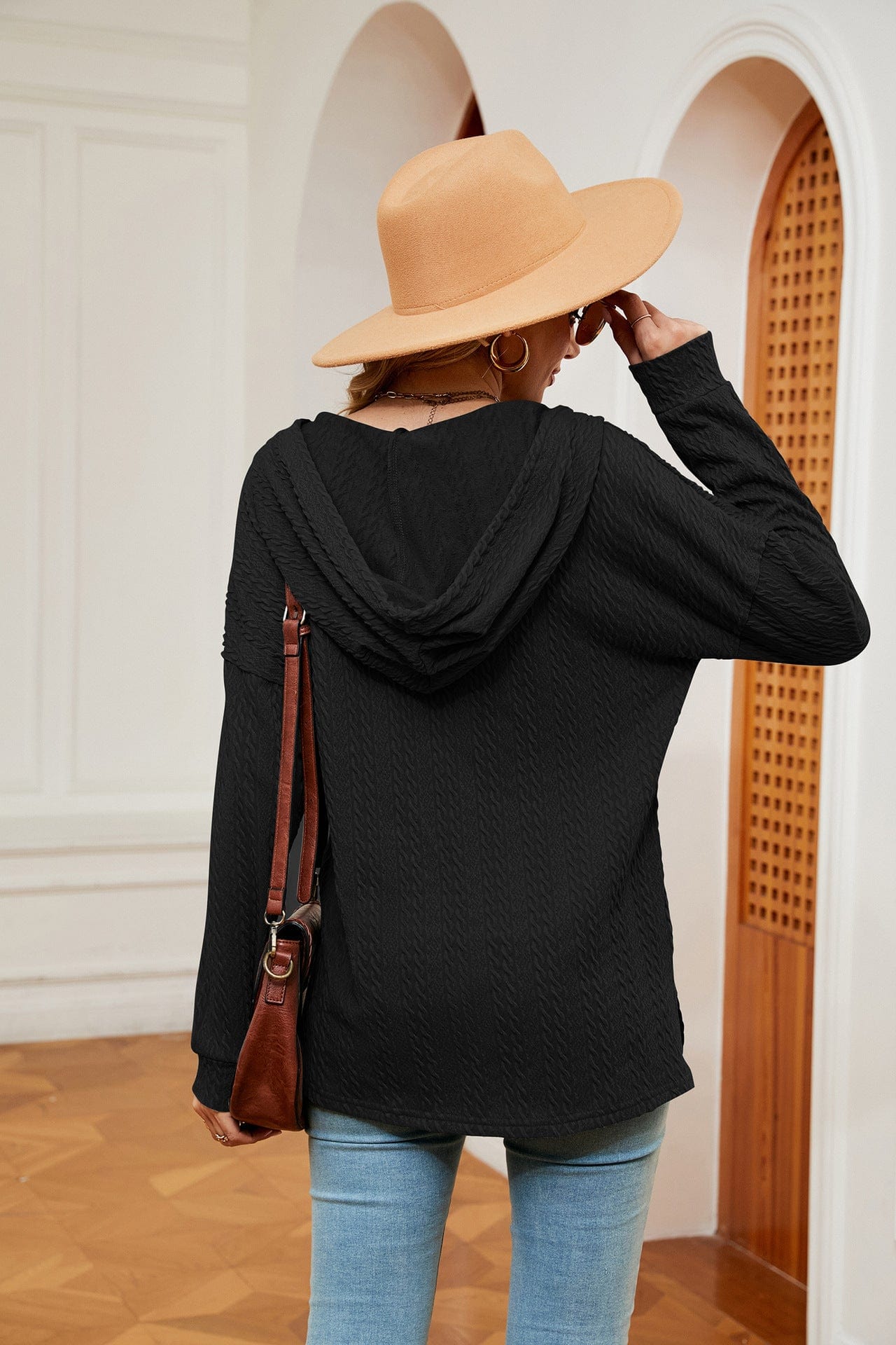 Hooded drawstring buttoned long-sleeved loose sweatshirt jacket