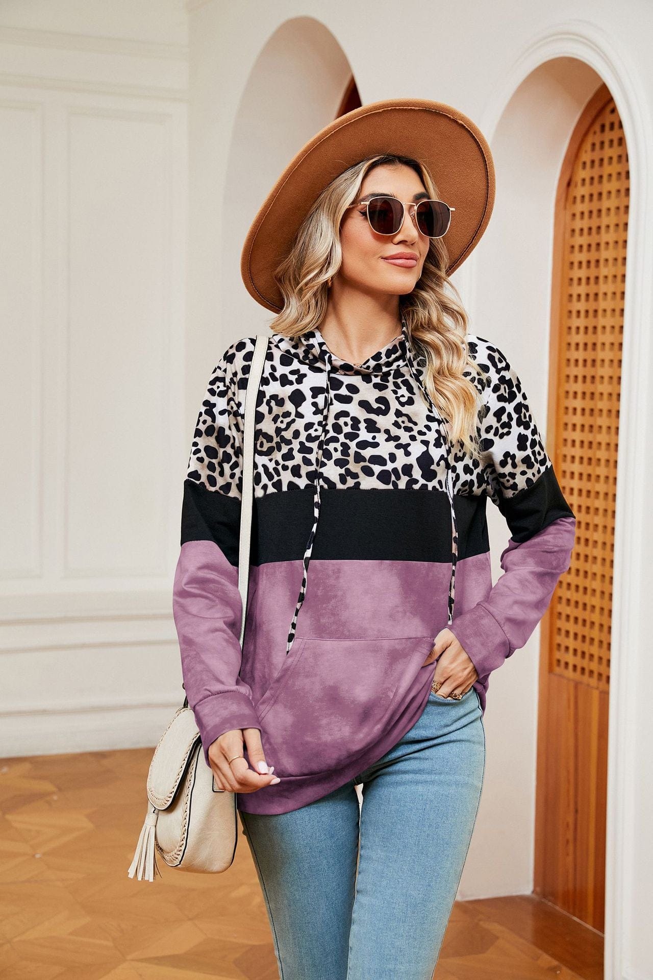 Hooded patchwork printed long-sleeved loose sweatshirt