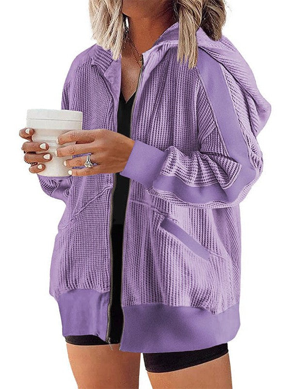 Casual Waffle Hooded Zip-Up Sweatshirt for Women
