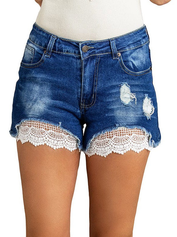 High Waist Lace Denim Shorts with Frayed Lace Detail for Women