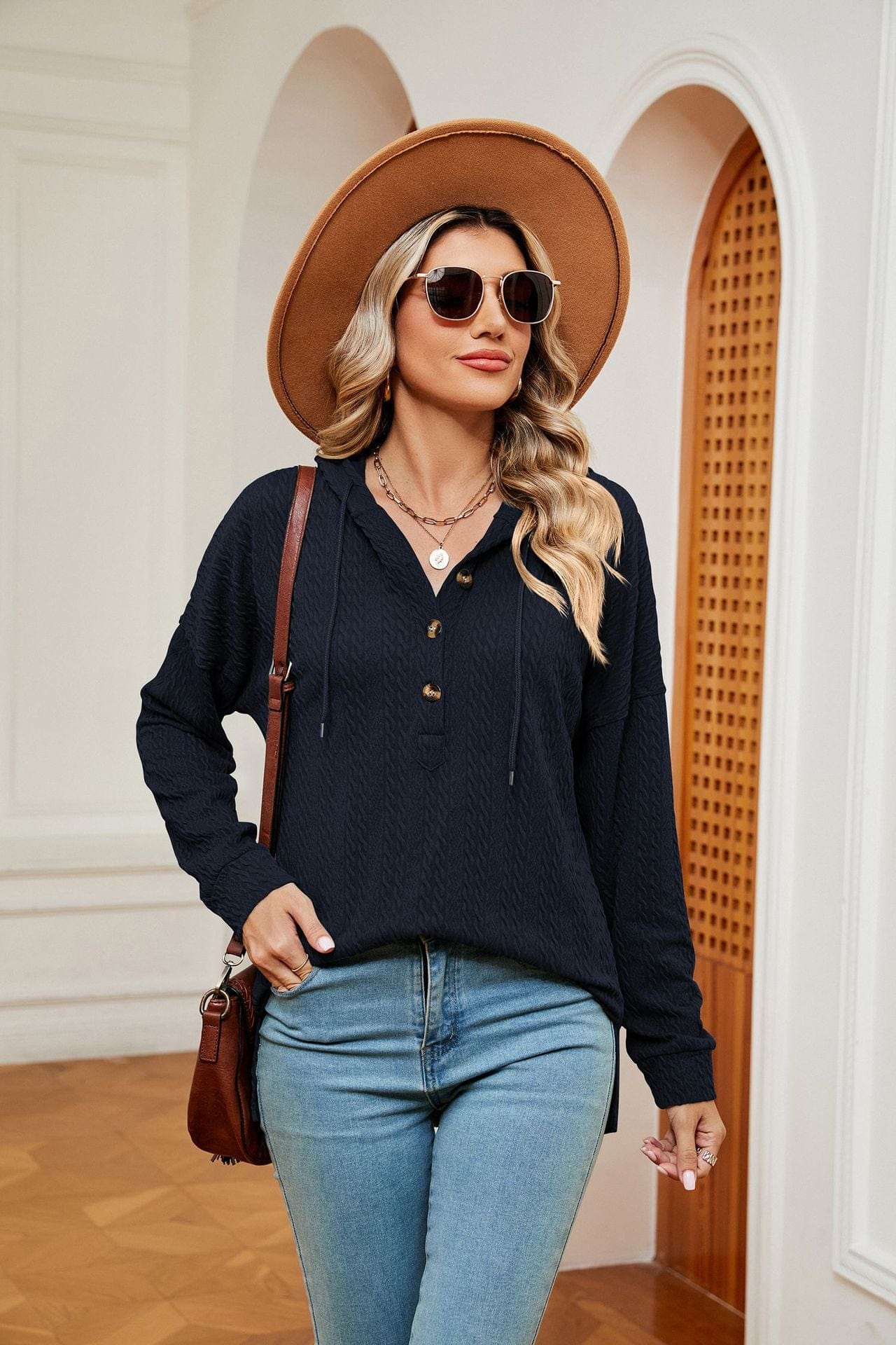 Hooded drawstring buttoned long-sleeved loose sweatshirt jacket