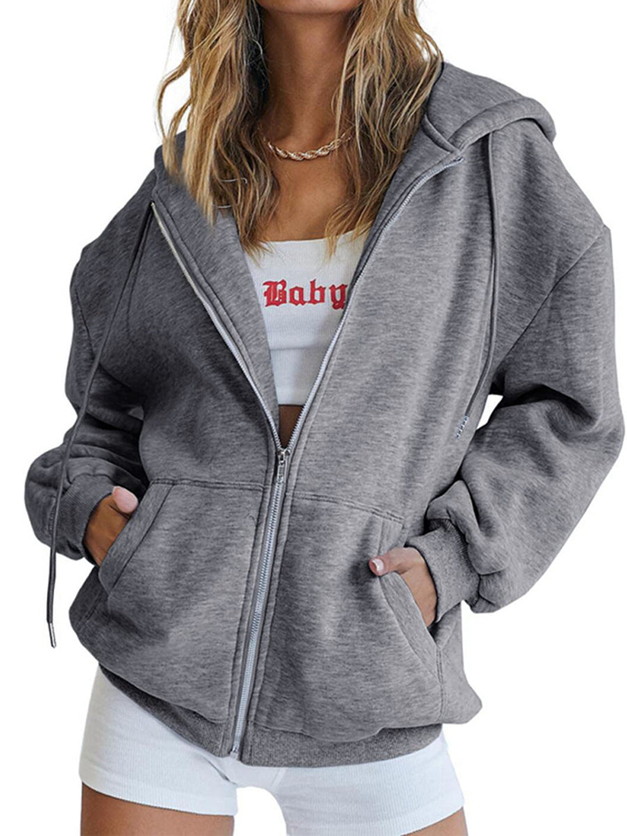 Cozy Oversized Drawstring Hoodie With Zip-Up Closure and Pockets