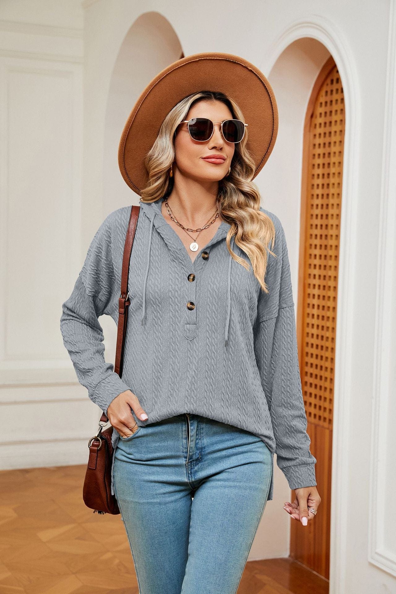 Hooded drawstring buttoned long-sleeved loose sweatshirt jacket