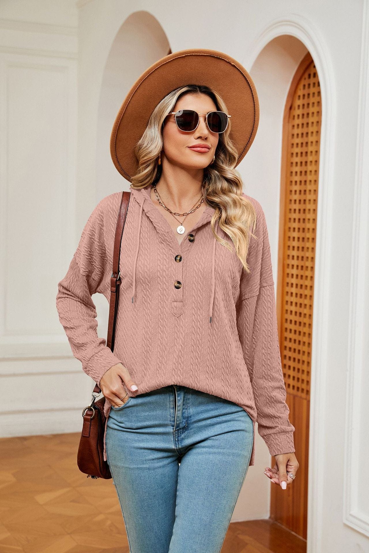 Hooded drawstring buttoned long-sleeved loose sweatshirt jacket