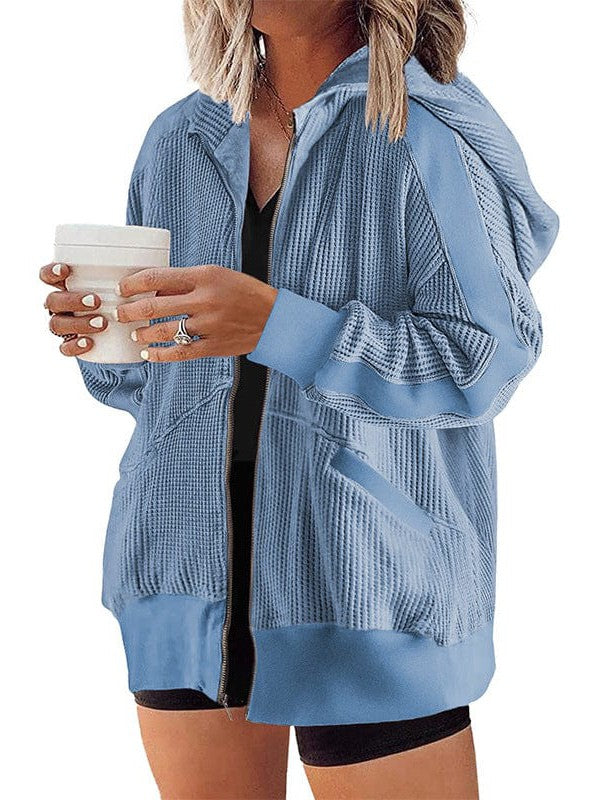 Casual Waffle Hooded Zip-Up Sweatshirt for Women