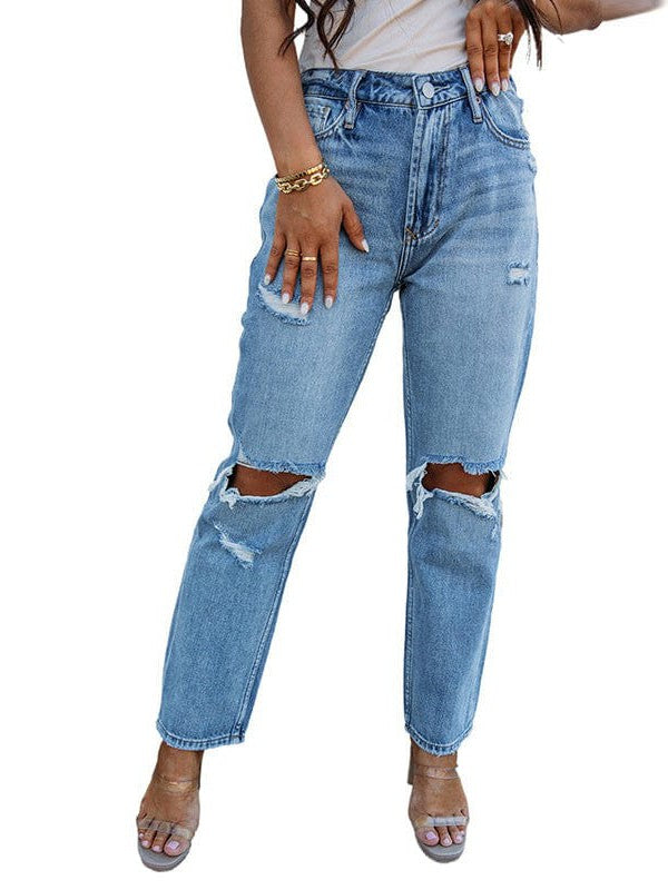 Stylish ladies high-waisted ripped jeans with a touch of modernity and comfort for women