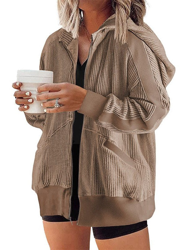 Casual Waffle Hooded Zip-Up Sweatshirt for Women
