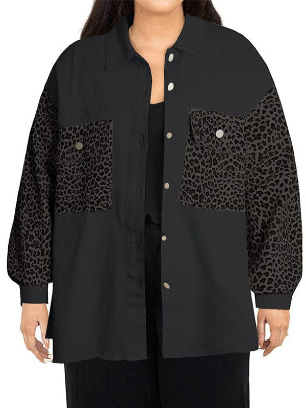 Leopard Print Spliced Denim Jacket for Stylish Plus Size Women