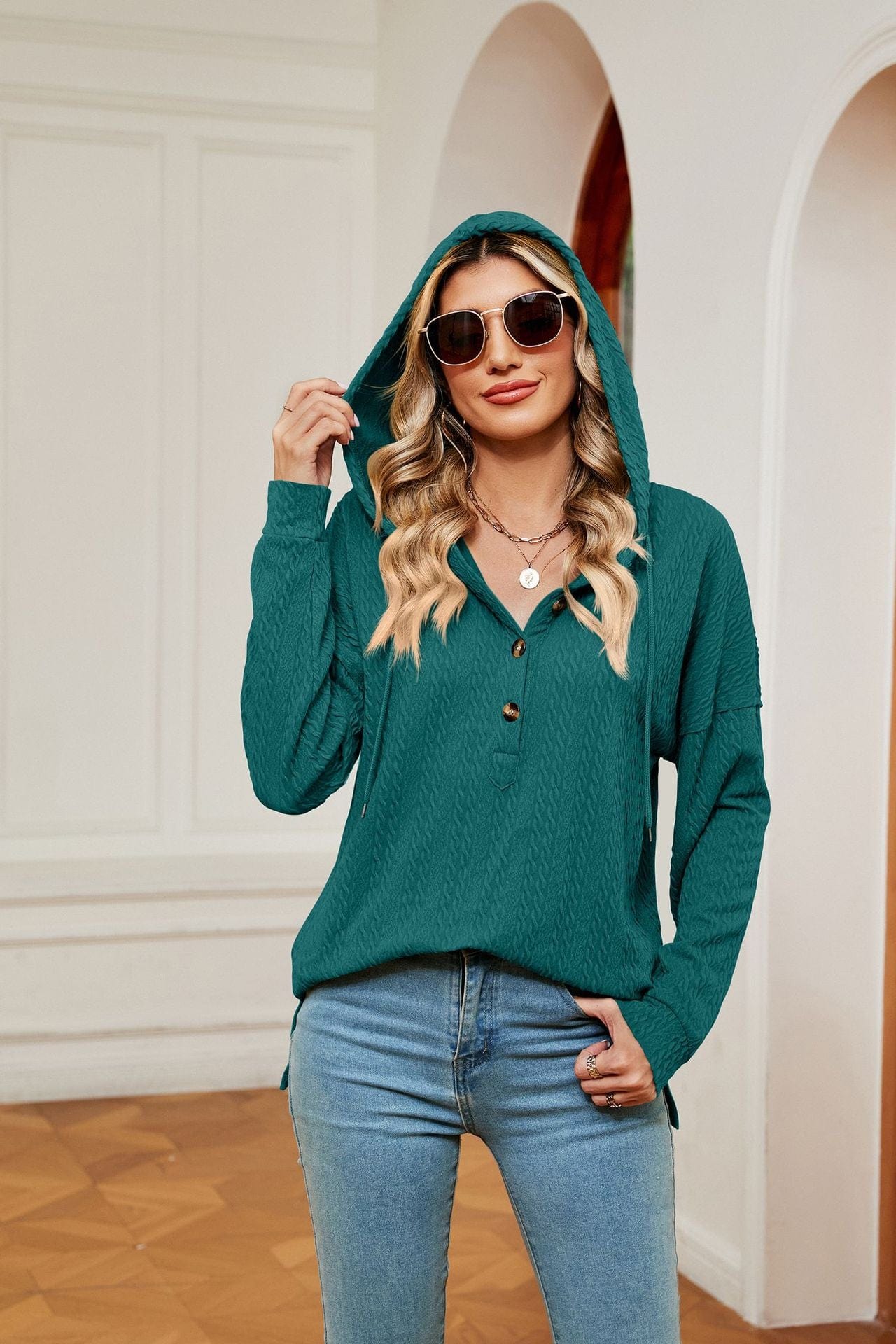 Hooded drawstring buttoned long-sleeved loose sweatshirt jacket