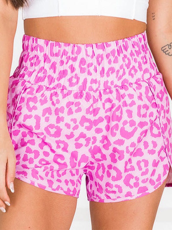 Leopard Print High Waist Women's Sports Shorts - Pink Glitter