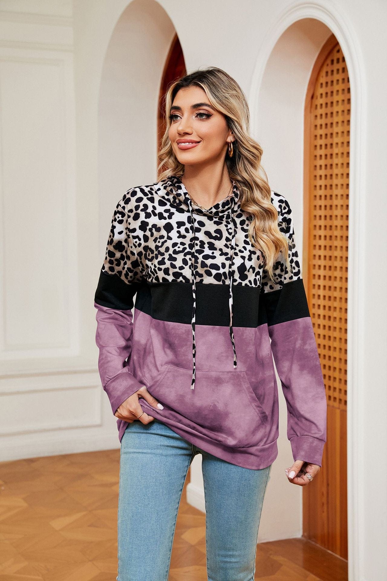 Hooded patchwork printed long-sleeved loose sweatshirt
