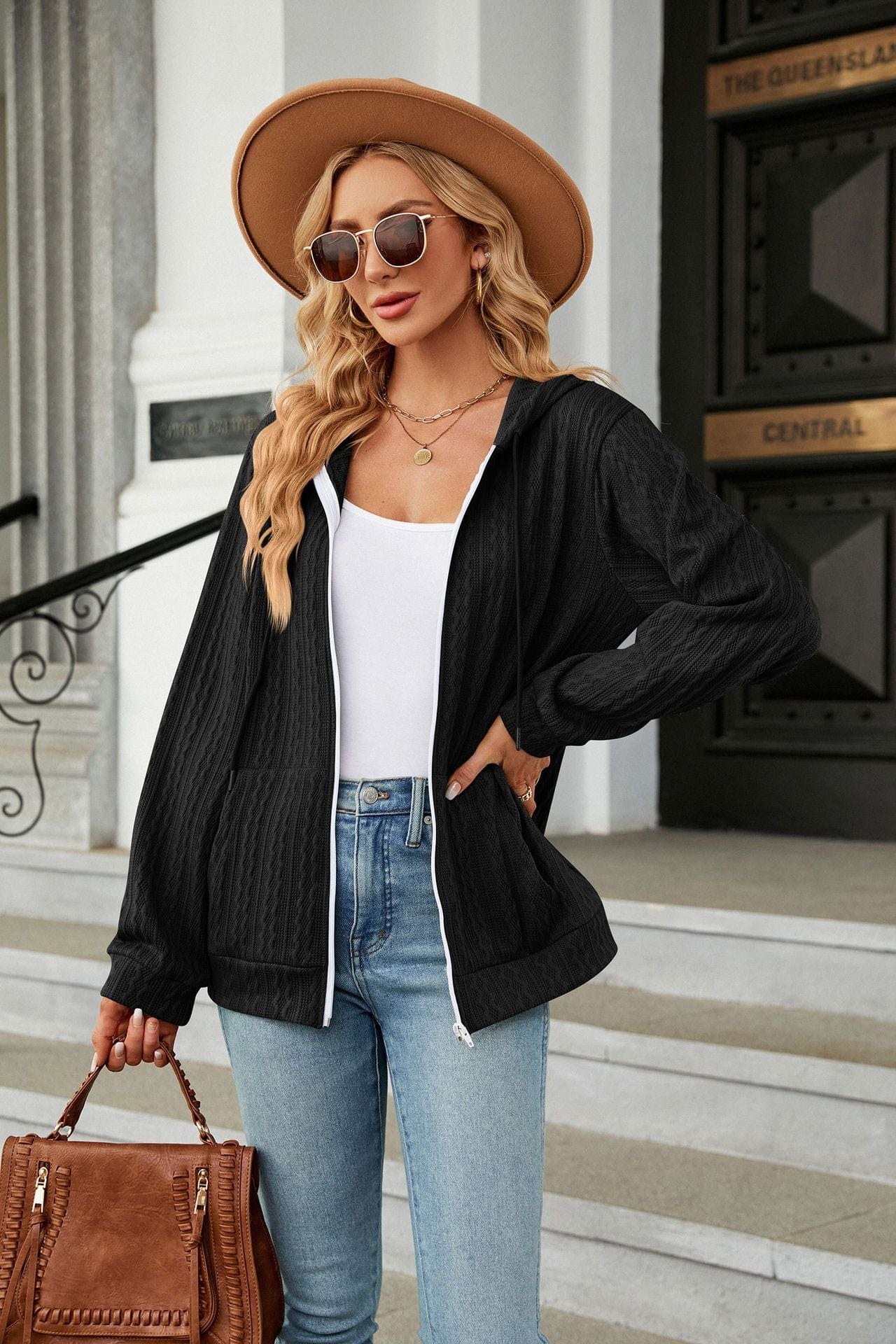 Women's hooded drawstring zipper long sleeve loose knitted jacket