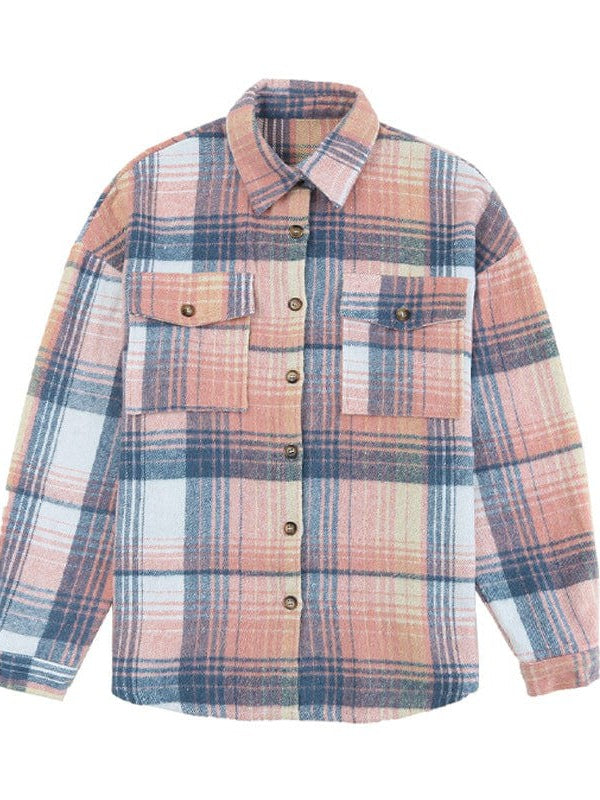 Plaid Lapel Coat Loose Shirt for Women with Lazy Style Long Sleeve Top