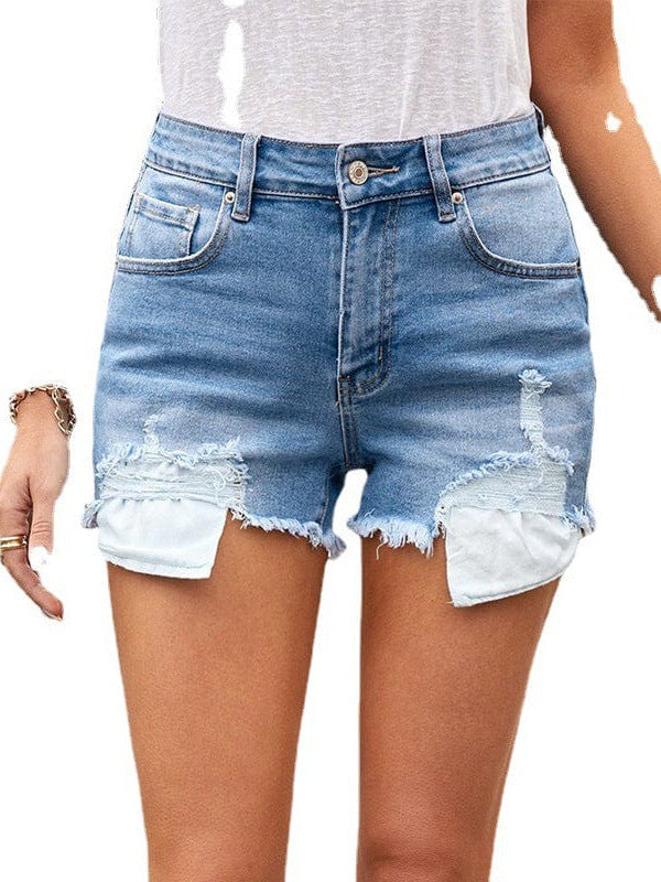High Waist Lace Denim Shorts with Frayed Lace Detail for Women