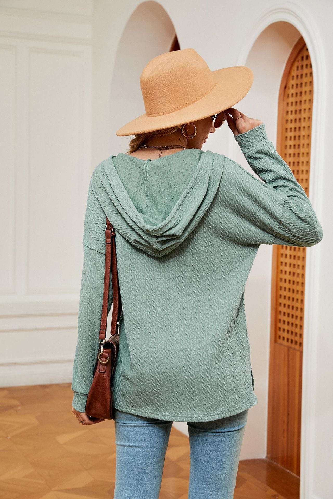 Hooded drawstring buttoned long-sleeved loose sweatshirt jacket
