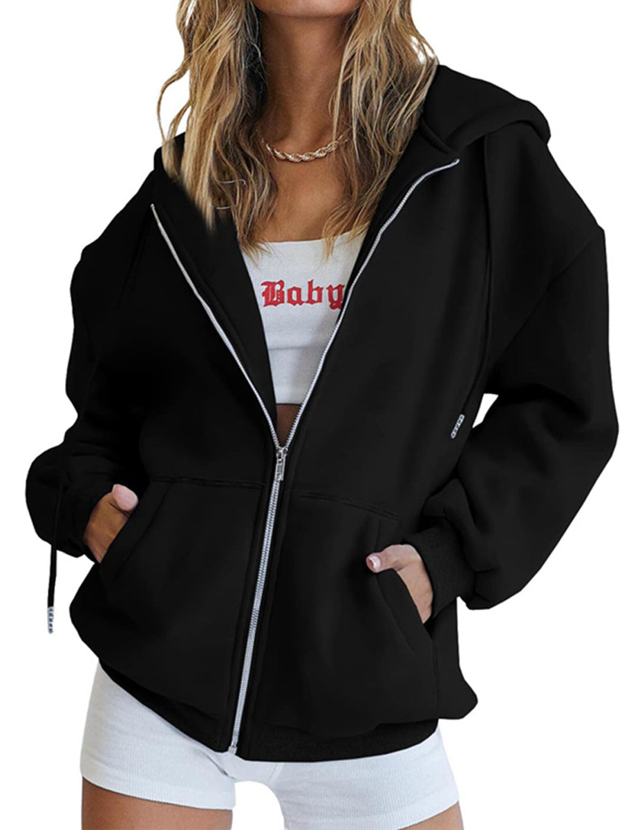 Cozy Oversized Drawstring Hoodie With Zip-Up Closure and Pockets