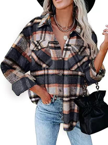 Plaid long-sleeve loose-pocket single-breasted wool coat