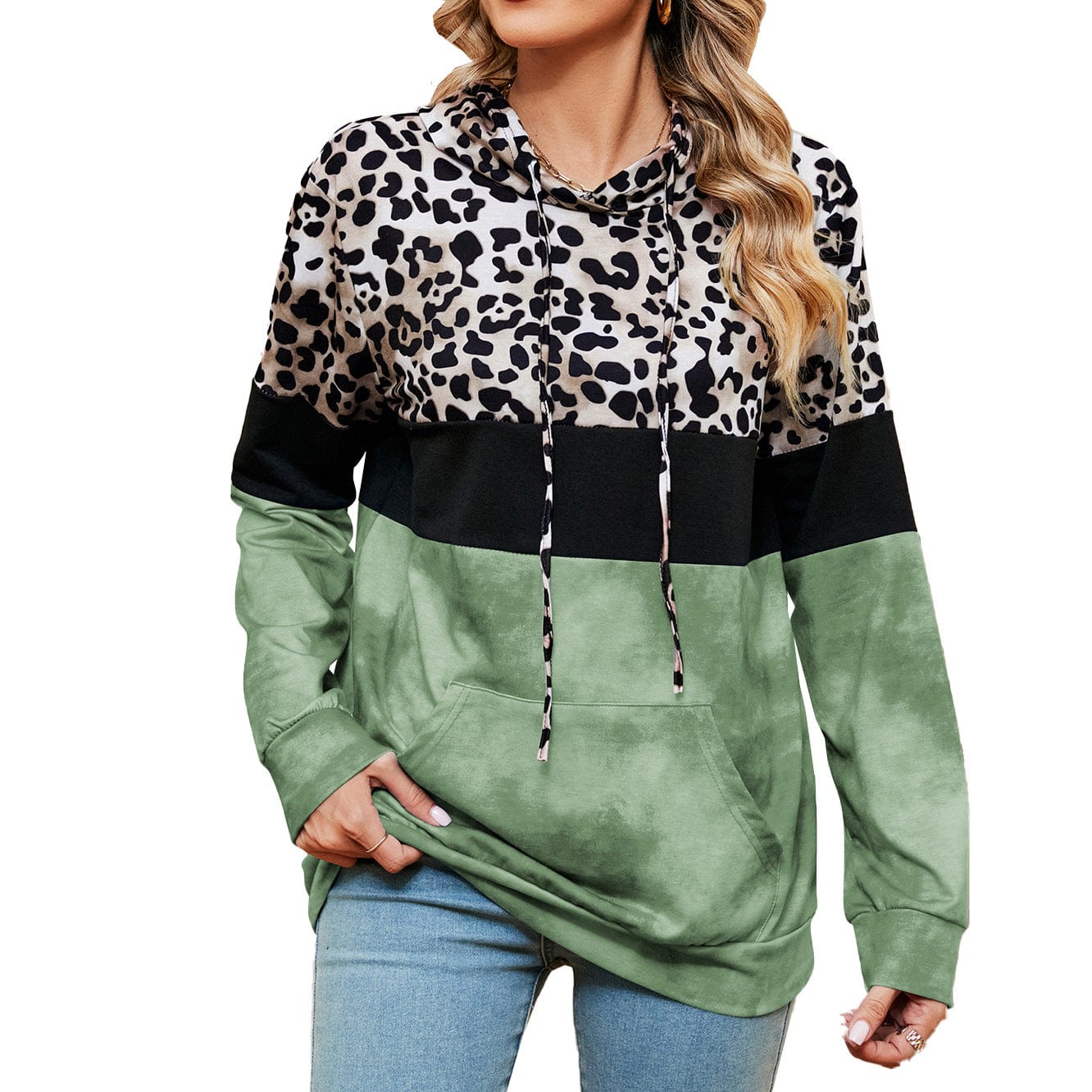 Hooded patchwork printed long-sleeved loose sweatshirt