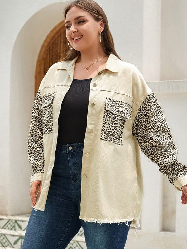 Leopard Print Spliced Denim Jacket for Stylish Plus Size Women