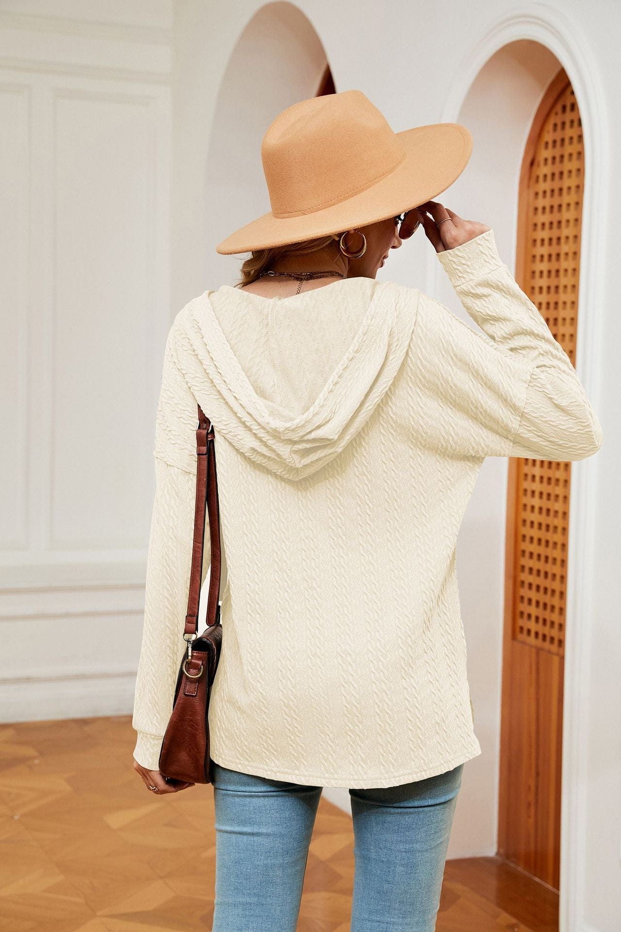 Hooded drawstring buttoned long-sleeved loose sweatshirt jacket