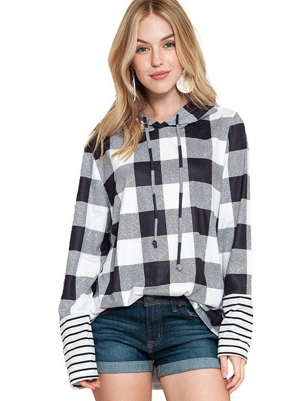 Women's Hooded Plaid Sweatshirt with Striped Contrast Print, Long Sleeve Pullover Top