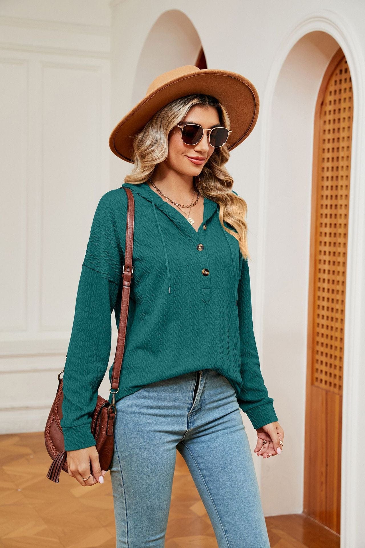 Hooded drawstring buttoned long-sleeved loose sweatshirt jacket
