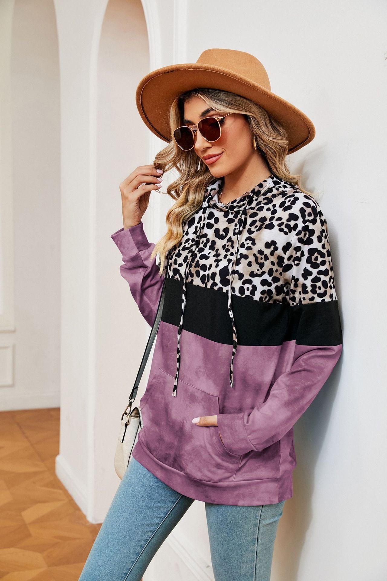 Hooded patchwork printed long-sleeved loose sweatshirt