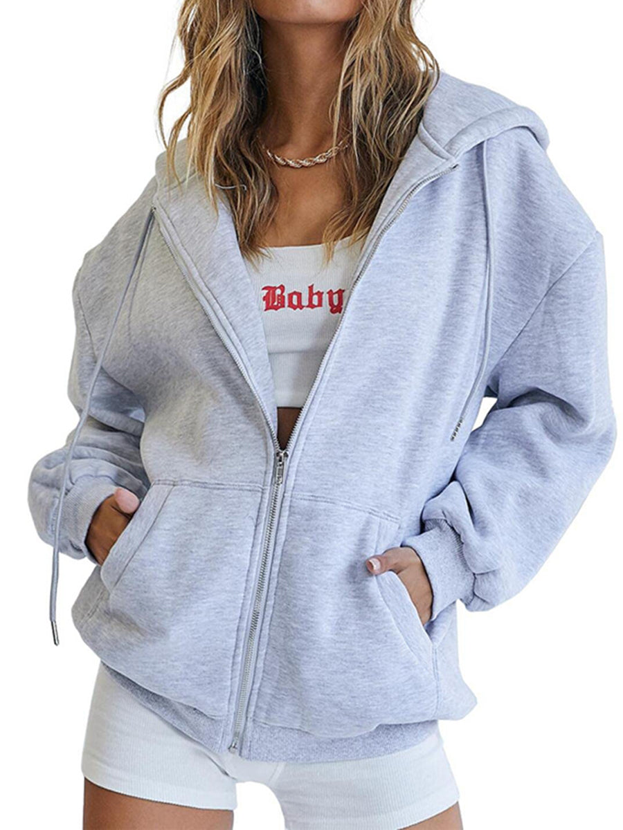 Cozy Oversized Drawstring Hoodie With Zip-Up Closure and Pockets