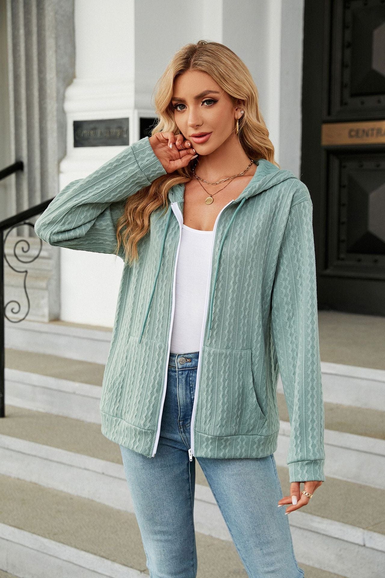 Women's hooded drawstring zipper long sleeve loose knitted jacket