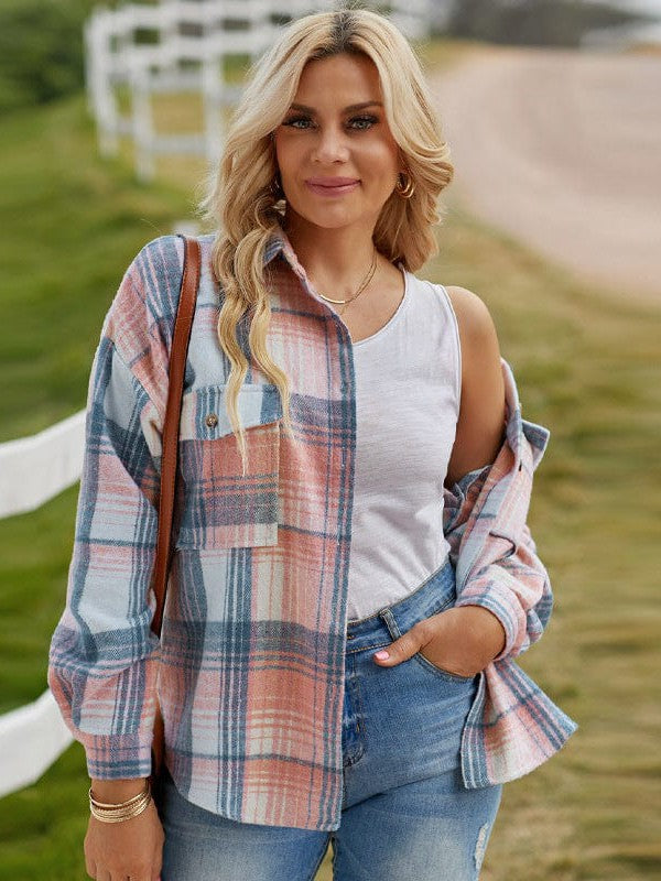 Plaid Lapel Coat Loose Shirt for Women with Lazy Style Long Sleeve Top