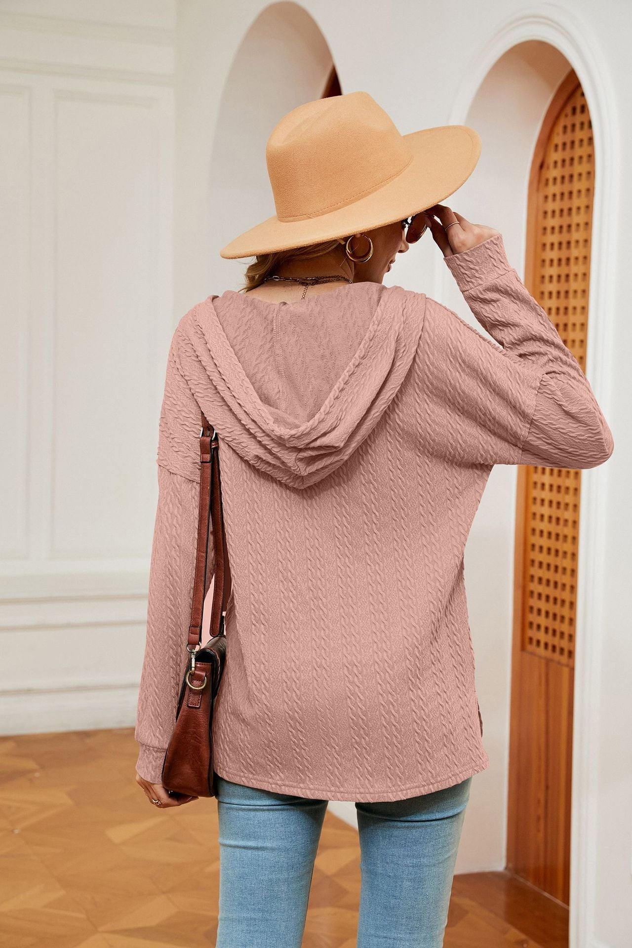 Hooded drawstring buttoned long-sleeved loose sweatshirt jacket