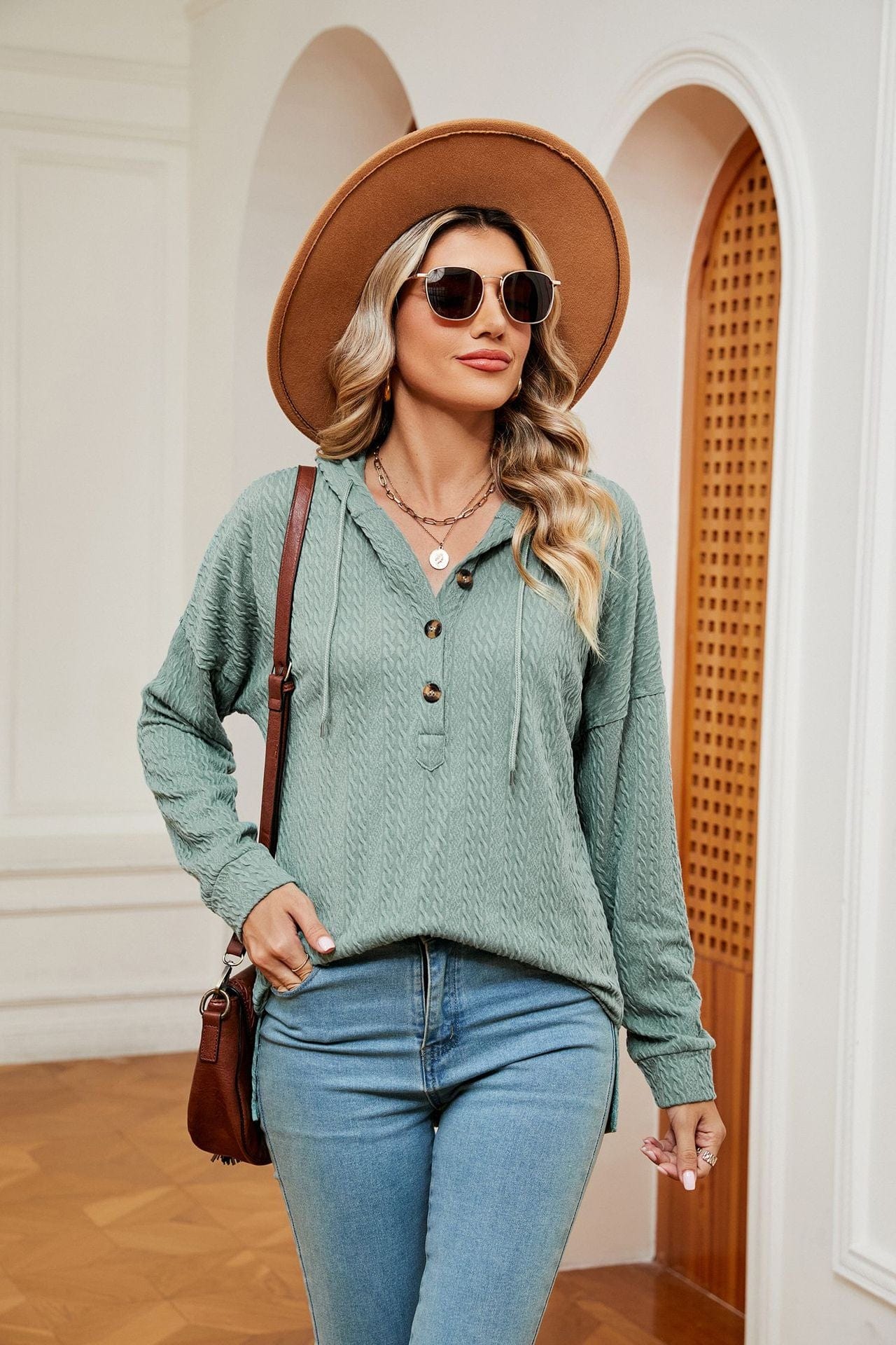Hooded drawstring buttoned long-sleeved loose sweatshirt jacket