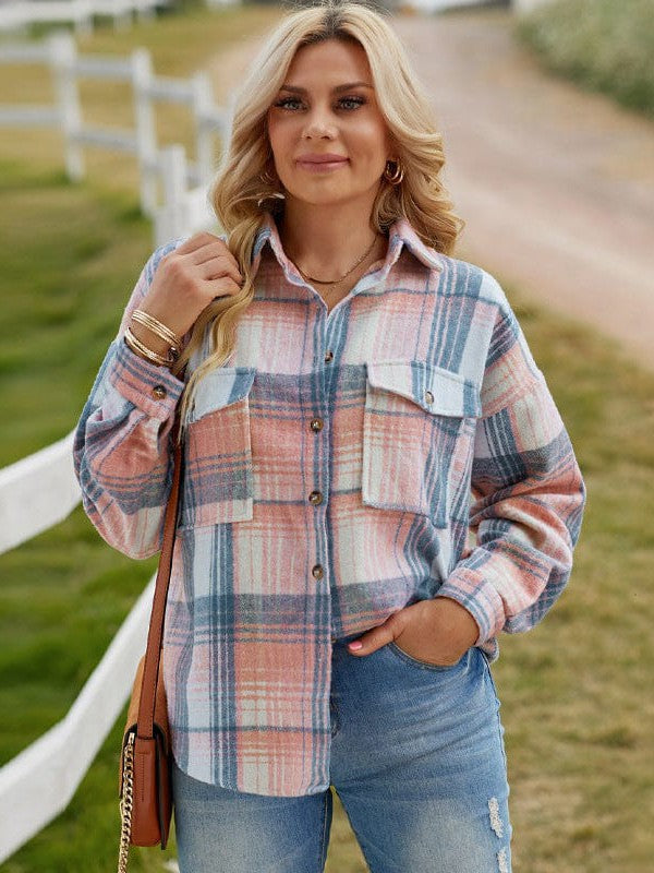 Plaid Lapel Coat Loose Shirt for Women with Lazy Style Long Sleeve Top