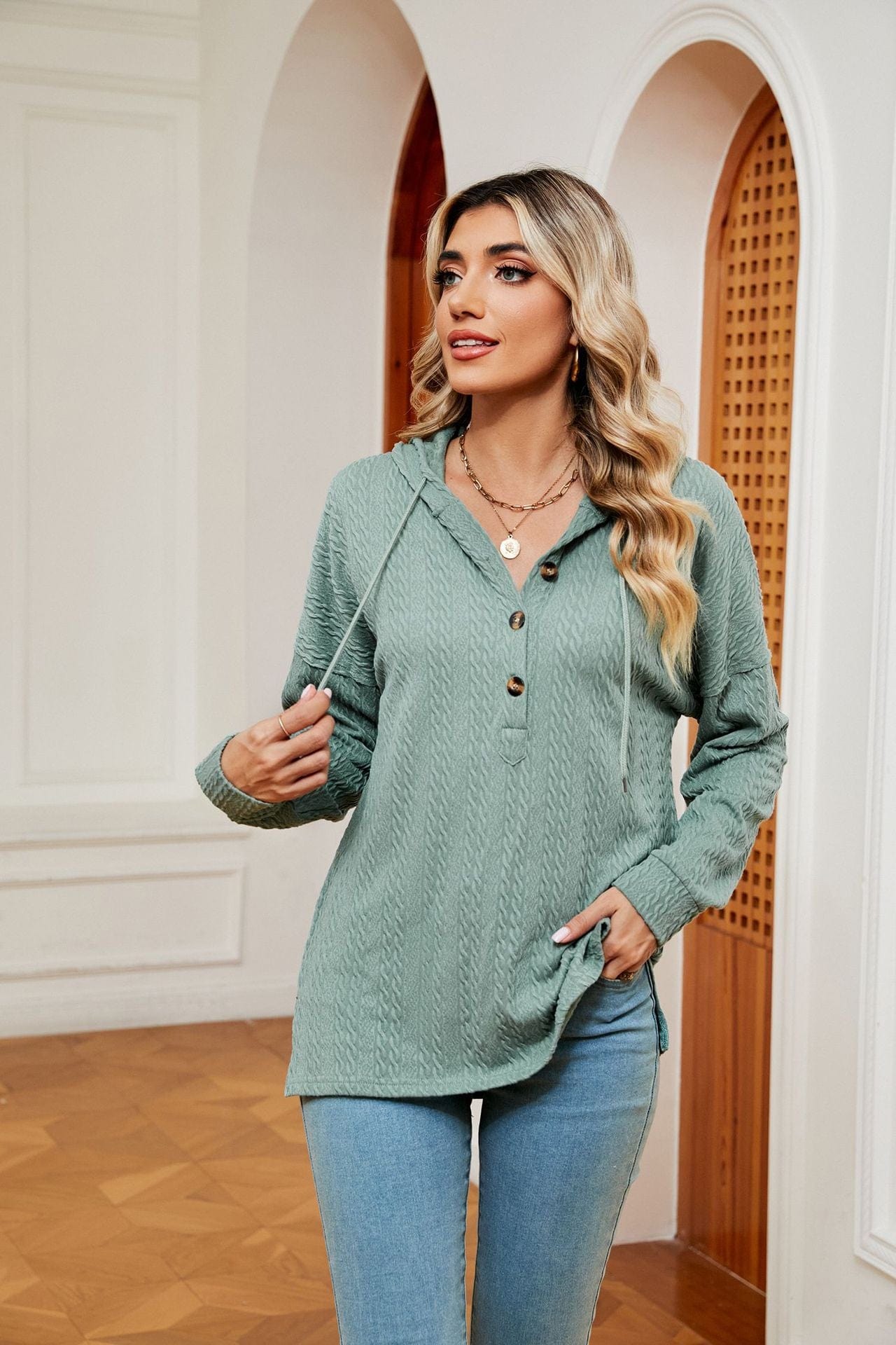 Hooded drawstring buttoned long-sleeved loose sweatshirt jacket