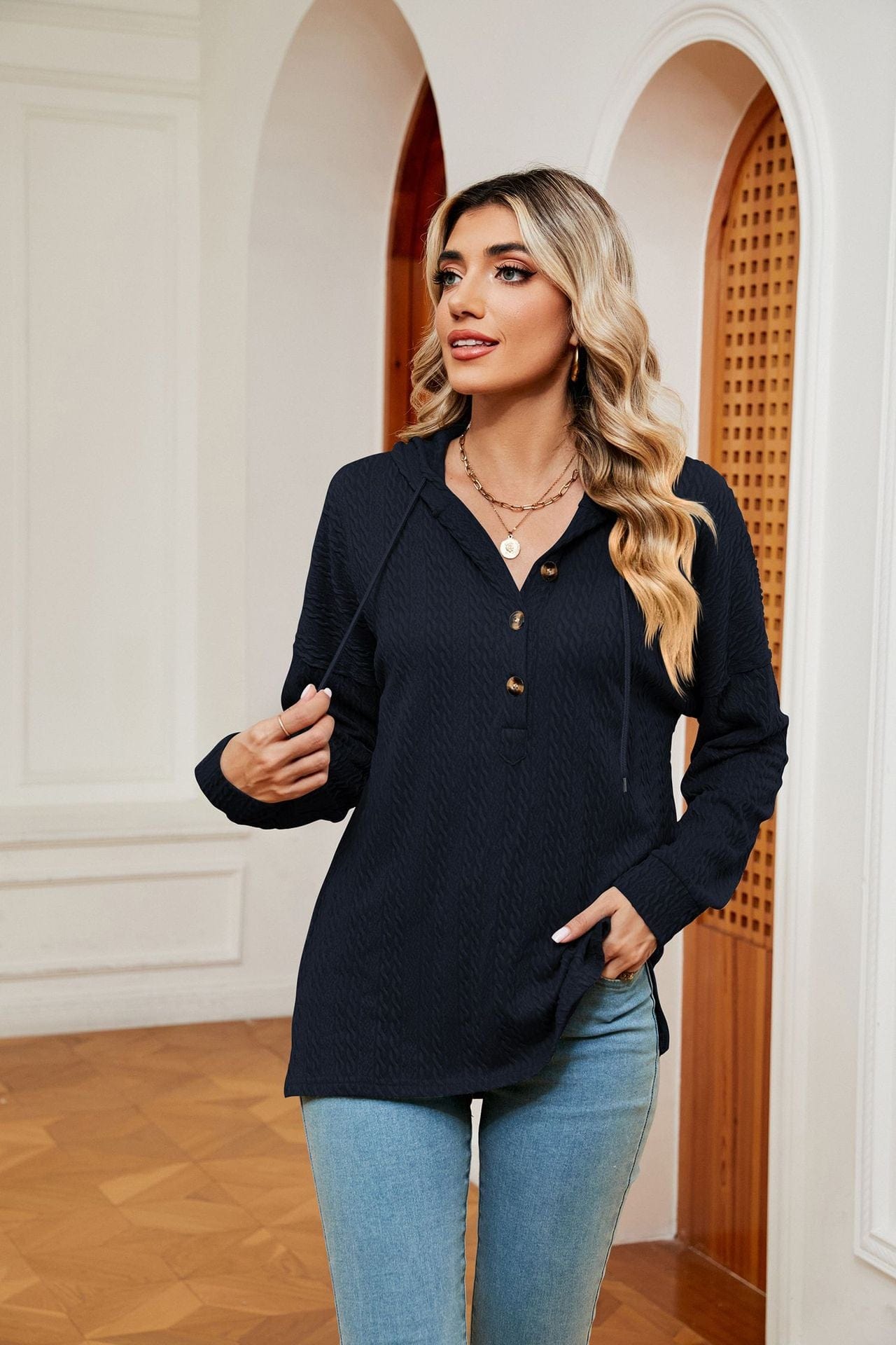 Hooded drawstring buttoned long-sleeved loose sweatshirt jacket